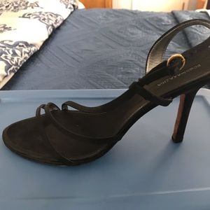 Black satin strappey stilettos; size 8.5